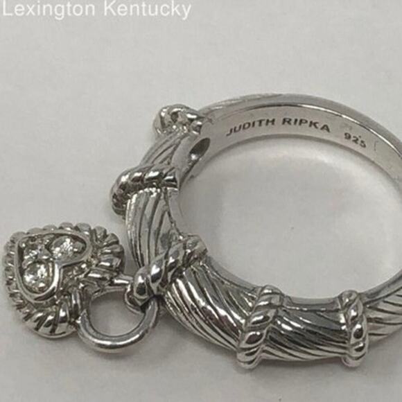 Judith Ripka Dangle Heart Charm CZ Diamonique Sterling‎ Silver Ring Size 7 - Picture 4 of 16